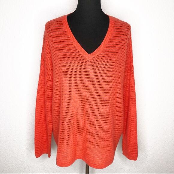 360 Sweater bright orange v neck open knit cashmere sweater size Large - Picture 1 of 13